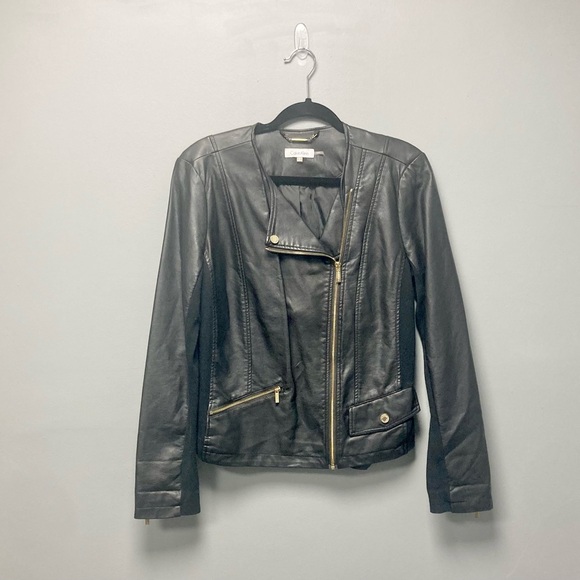 Clavin Klein Black Faux Leather Jacket Gold Hardware Women’s Size Medium EUC - Picture 1 of 9